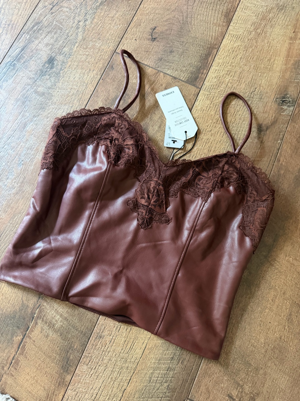 Express XD Lace-Trim Faux Leather Camisole in Deep Brown